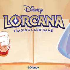 Official Disney Lorcana banner with Mickey Mouse, Elsa, and the Disney Lorcana Trading Card Game logo.