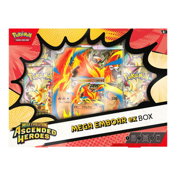 Mega Emboar ex Ascended Heroes Collection Box, authentic English Pokémon TCG packaging