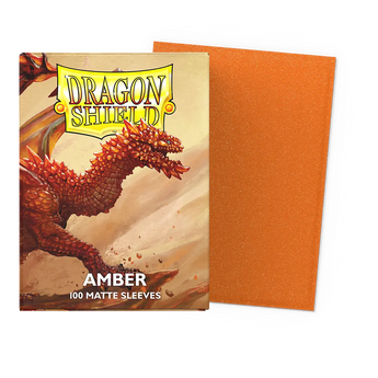 Dragon Shield Amber Matte Sleeves, original packaging and sleeve view