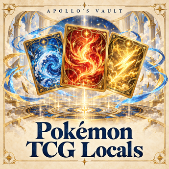 Pokémon TCG Locals at Apollo’s Vault, illustrated with water, fire and lightning trading cards in navy, ivory and gold.
