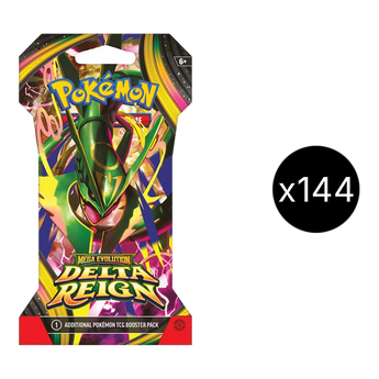 Delta Reign Sleeved Booster Case contents: sleeved booster render with original ×144 quantity badge.