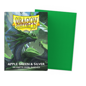 Dragon Shield Apple Green & Silver Matte Dual standard-size sleeves, original One Hundred (100) sleeve packaging and sleeve sample