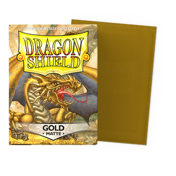 Dragon Shield Gold Matte standard-size sleeves, original One Hundred (100) sleeve packaging and sleeve sample