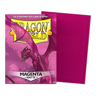 Dragon Shield Magenta Matte standard-size sleeves, original One Hundred (100) sleeve packaging and sleeve sample