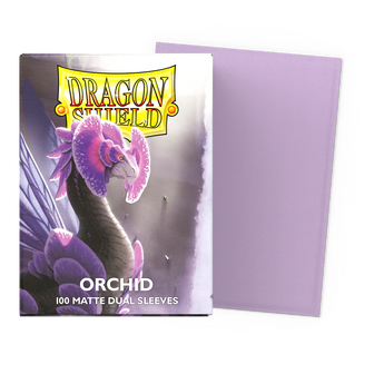 Dragon Shield Orchid Matte Dual standard-size sleeves, original One Hundred (100) sleeve packaging and sleeve sample