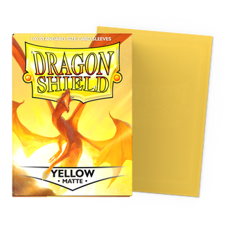 Dragon Shield Yellow Matte standard-size sleeves, original One Hundred (100) sleeve packaging and sleeve sample