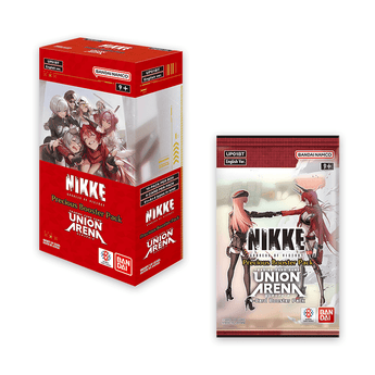 Official NIKKE Precious Booster display box and example booster pack for Union Arena UP01BT