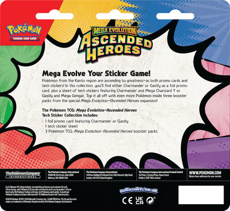 Pokémon TCG: Mega Evolution – Ascended Heroes Tech Sticker Collection (Charmander or Gastly Promo + 3 Packs)