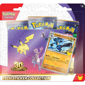 Pokémon TCG 30th Celebration Tech Sticker Collection (Lucario) — Front packaging with Lucario promo card, sticker sheet, and booster packs