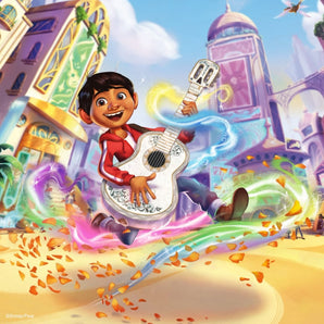 Official Disney Lorcana Hyperia City artwork featuring Miguel playing guitar in the city.